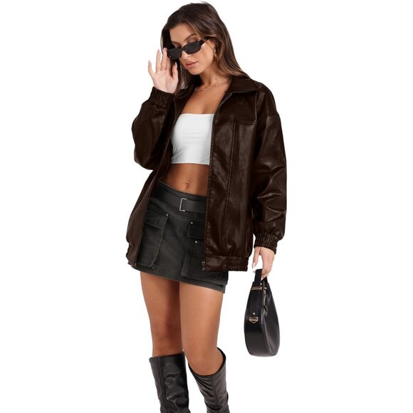 Women Faux Leather Jacket Oversized Dark A-Brown Bomber Coat Fall Winter Outfits - Picture 2 of 3
